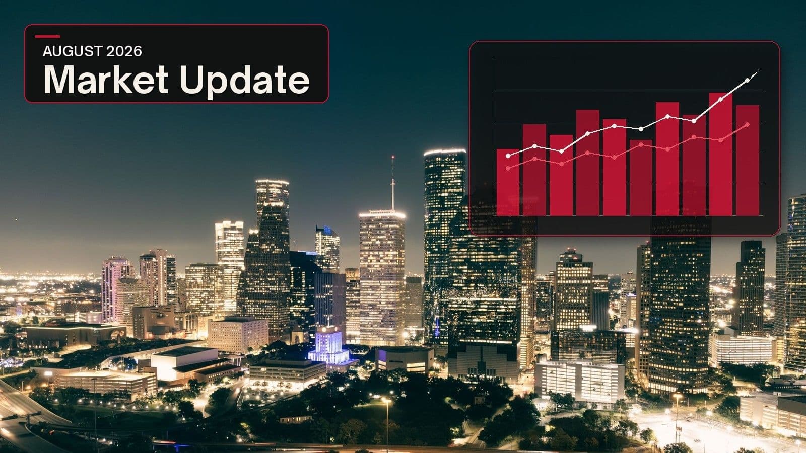 Houston skyline at night with August 2026 Market Update in Adolph Group brand colors