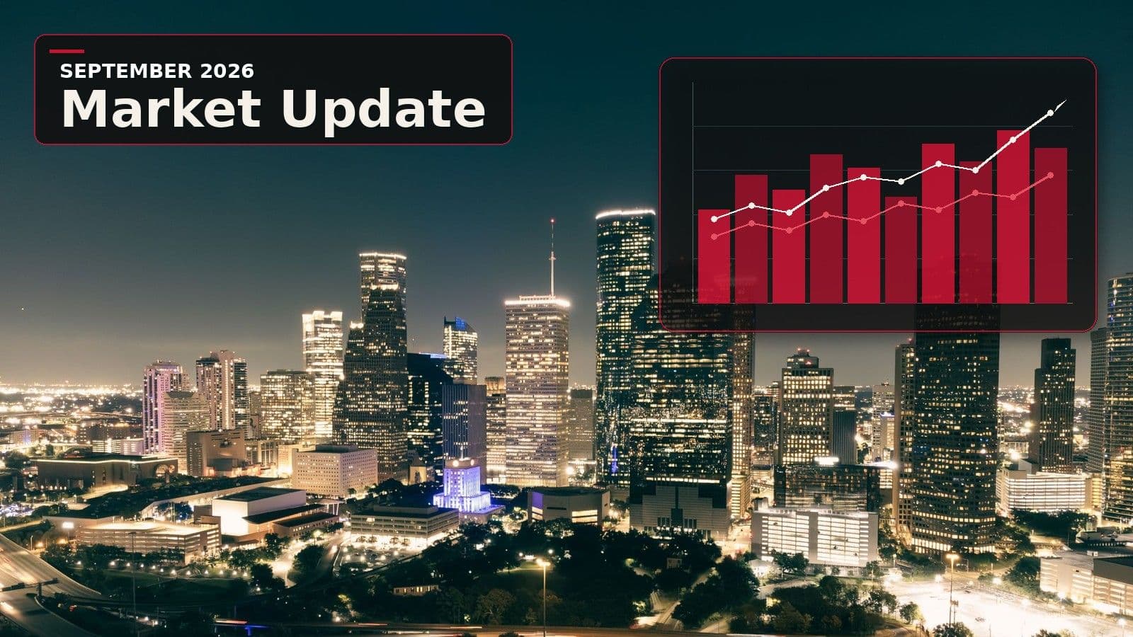 Houston skyline at night with September 2026 Market Update chart overlay